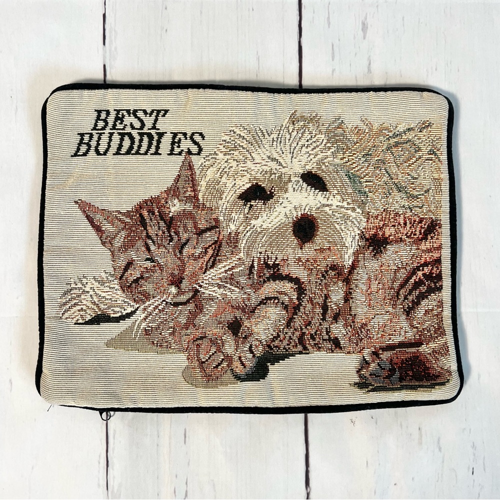 Golden Doodle and Tabby Cat Best Buddies Woven Tapestry Pillow Case Velvet